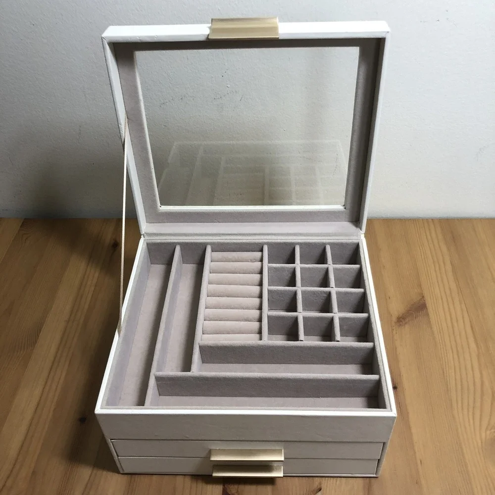 SONGMICS Jewelry Box Glass Lid 3-Layer Organizer 2 Drawers White Gold